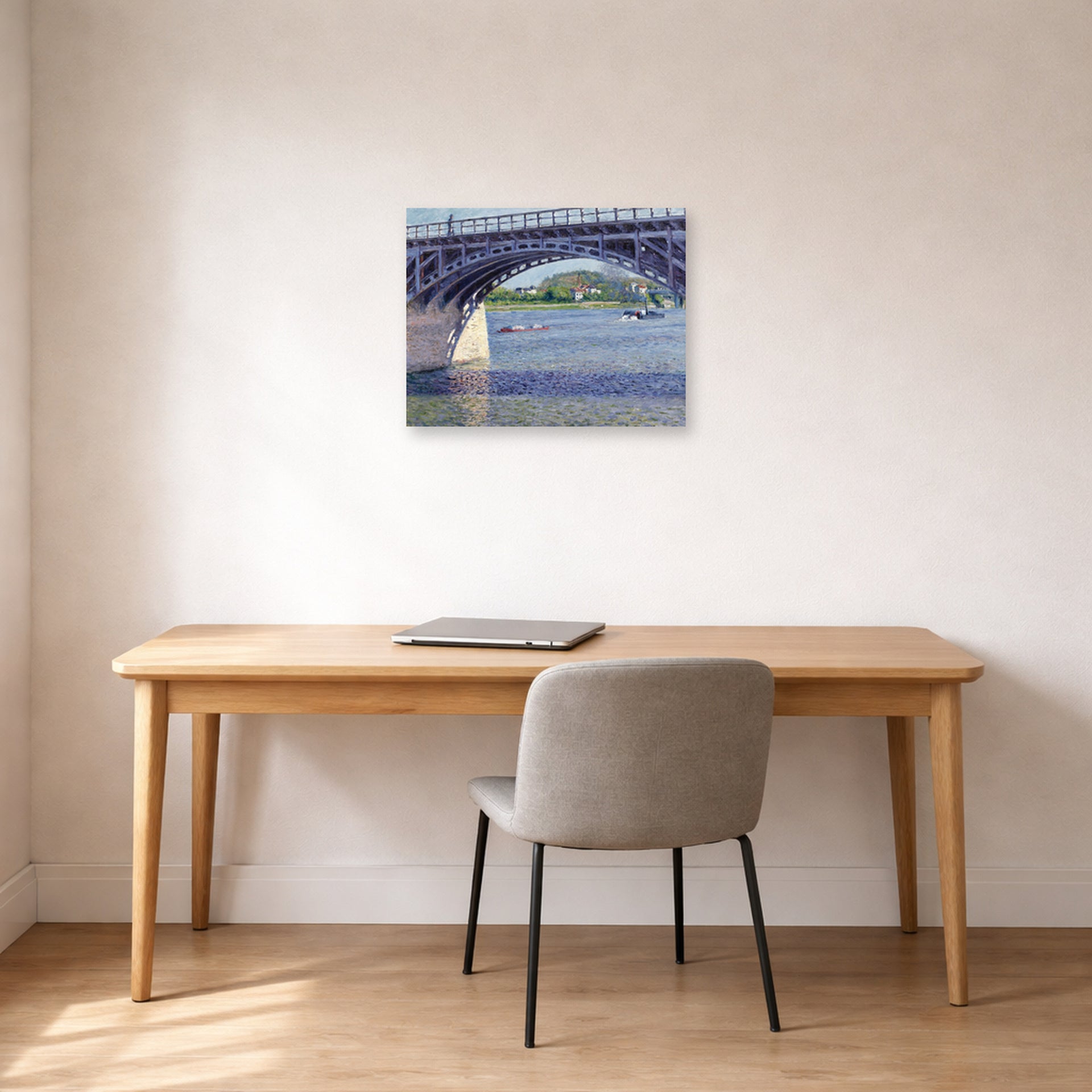 Unframed poster print of Gustave Caillebotte's Le Pont D Argenteuil Et La Seine displayed on a wall in a office