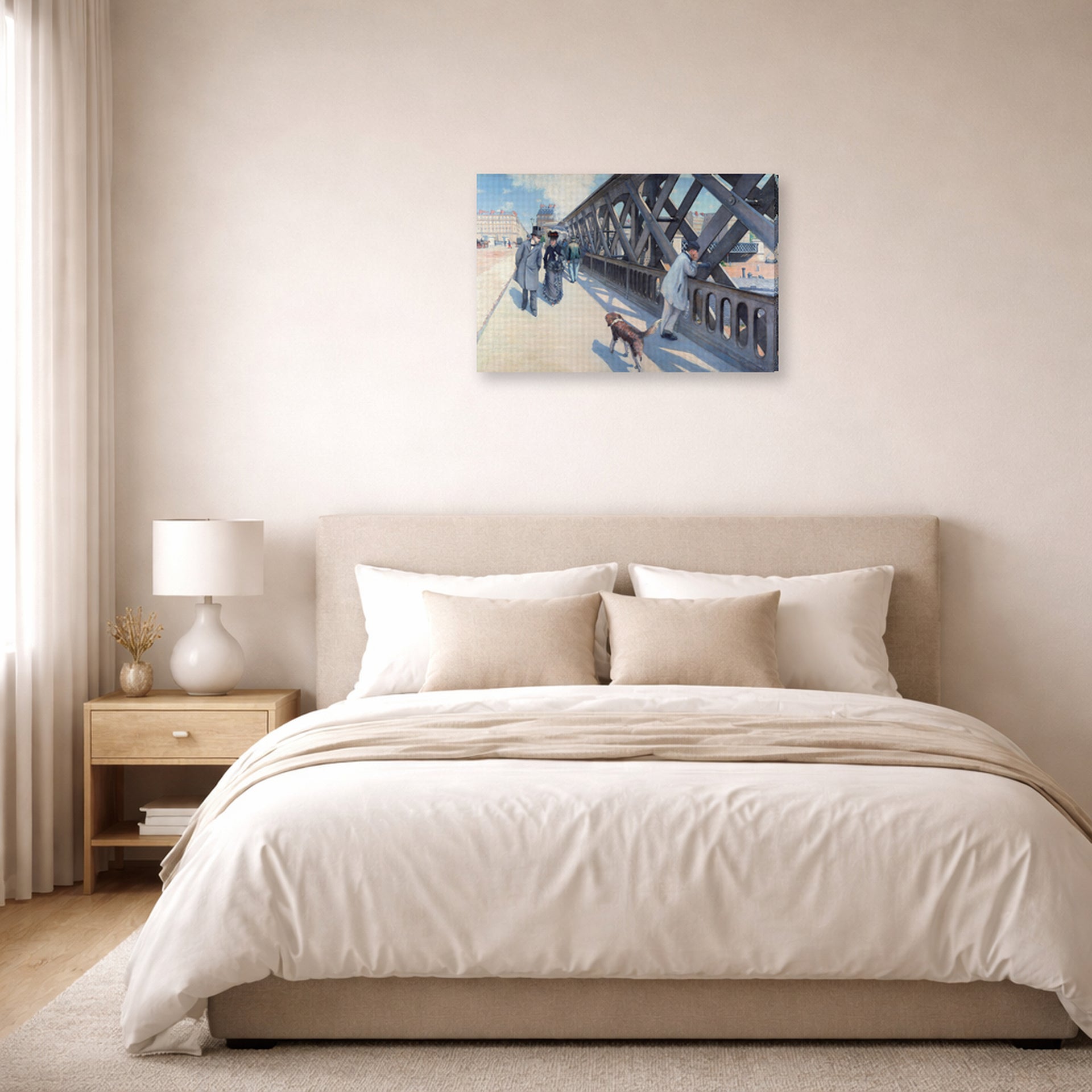 Gallery-wrapped canvas print of Gustave Caillebotte's Le Pont de l'Europe displayed on a wall in a bedroom