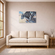 Gallery-wrapped canvas print of Gustave Caillebotte's Le Pont de l'Europe displayed on a wall in a living room