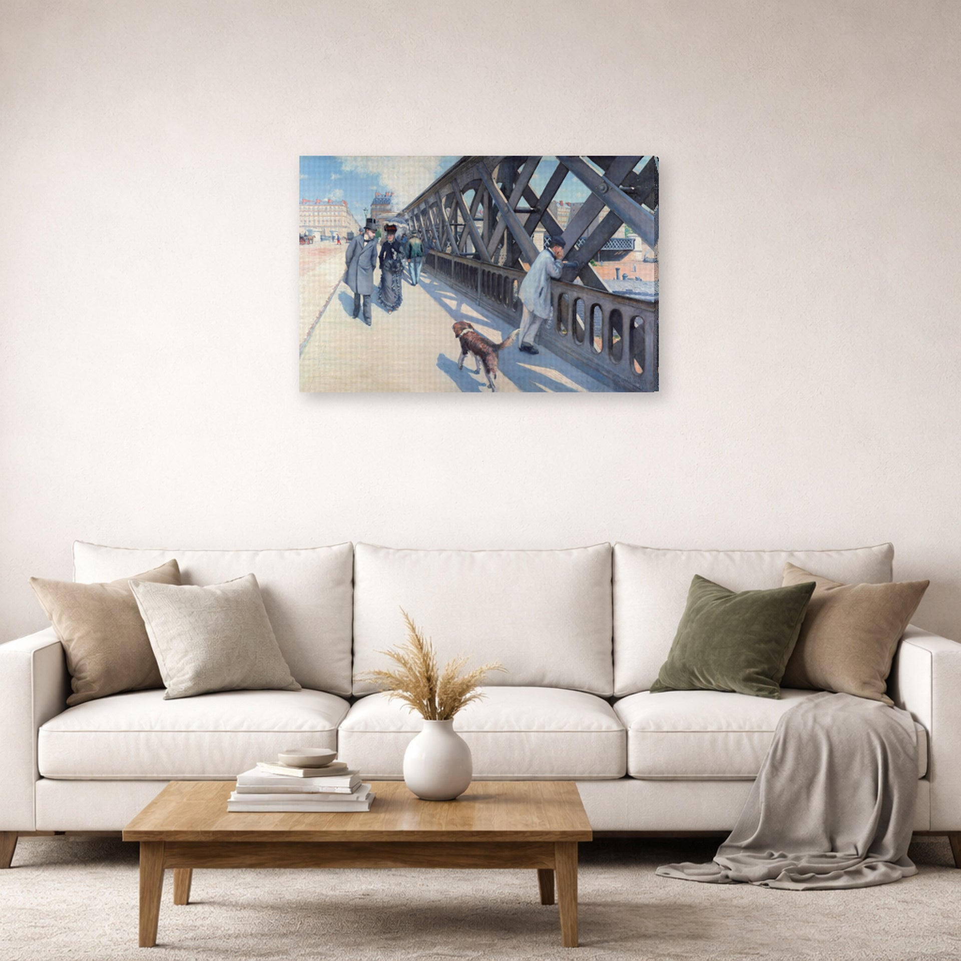 Gallery-wrapped canvas print of Gustave Caillebotte's Le Pont de l'Europe displayed on a wall in a living room