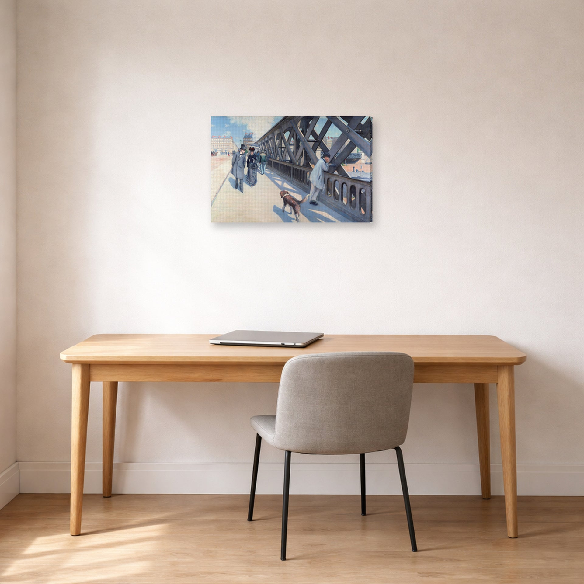 Gallery-wrapped canvas print of Gustave Caillebotte's Le Pont de l'Europe displayed on a wall in a office