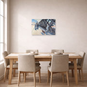 Unframed poster print of Gustave Caillebotte's Le Pont de l'Europe displayed on a wall in a dining