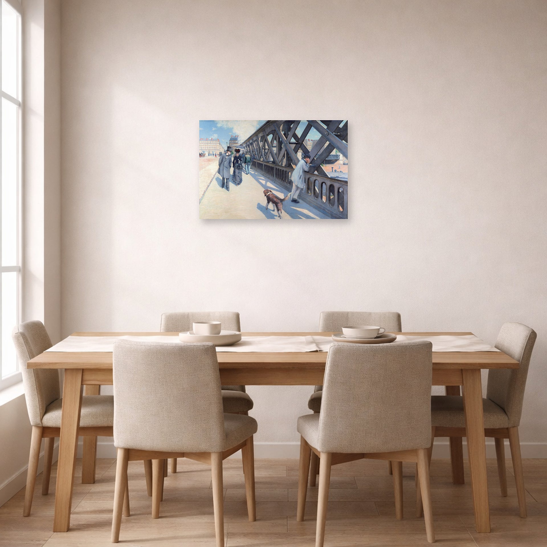 Unframed poster print of Gustave Caillebotte's Le Pont de l'Europe displayed on a wall in a dining