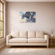 Unframed poster print of Gustave Caillebotte's Le Pont de l'Europe displayed on a wall in a living room