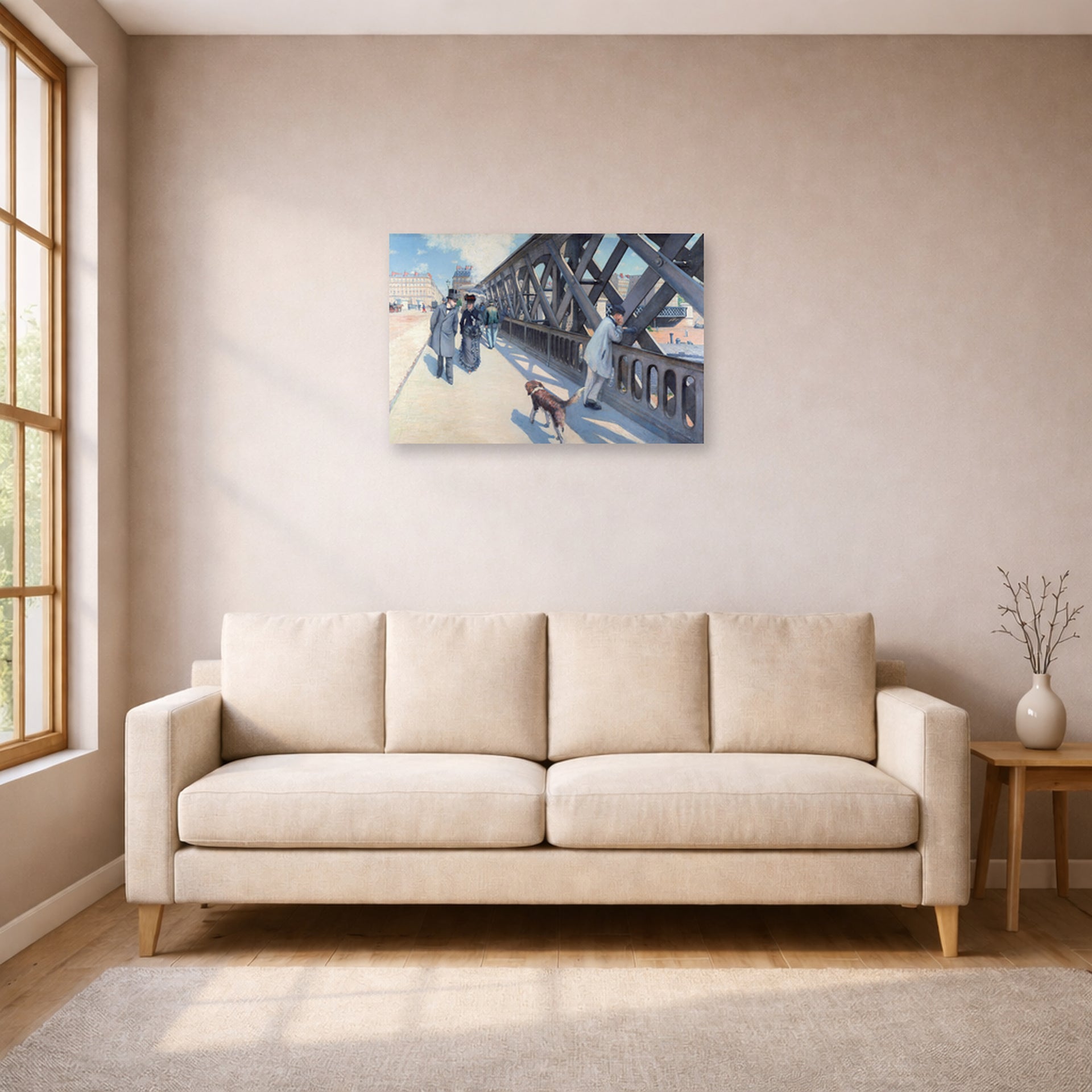 Unframed poster print of Gustave Caillebotte's Le Pont de l'Europe displayed on a wall in a living room