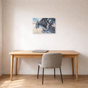 Unframed poster print of Gustave Caillebotte's Le Pont de l'Europe displayed on a wall in a office