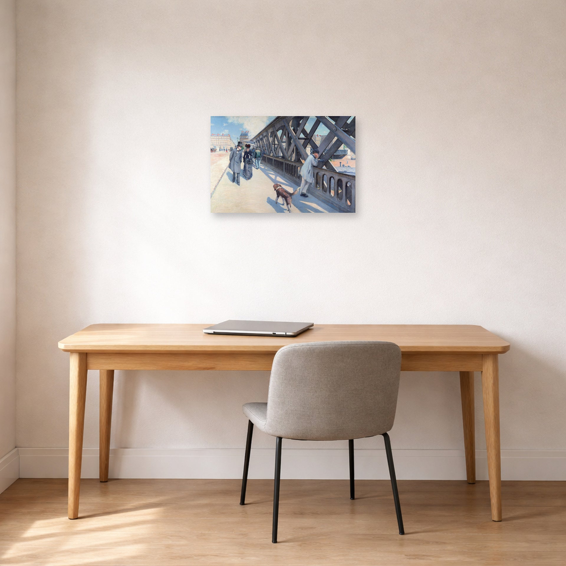 Unframed poster print of Gustave Caillebotte's Le Pont de l'Europe displayed on a wall in a office