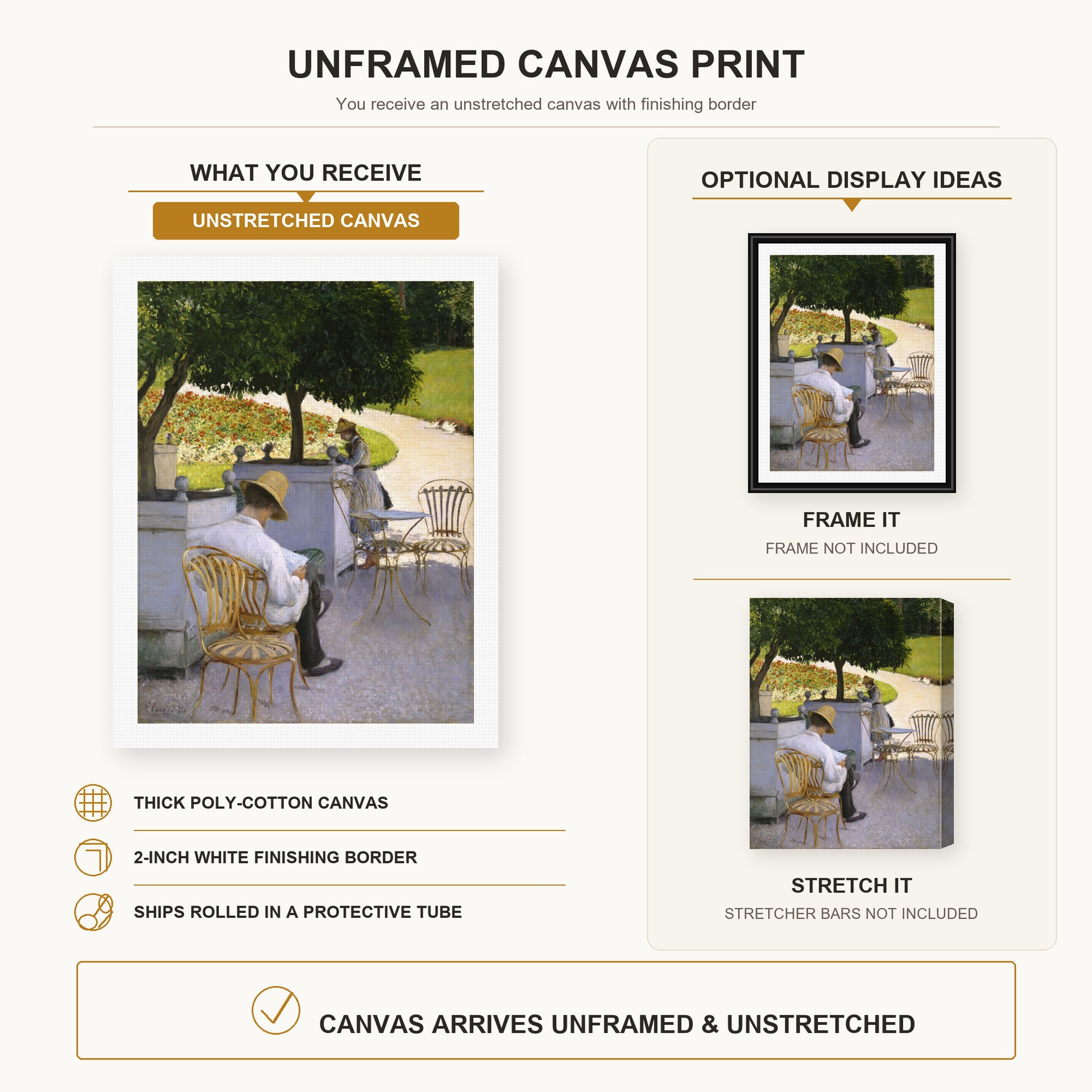 Gustave Caillebotte - Les orangers canvas print size comparison and framing display infographic