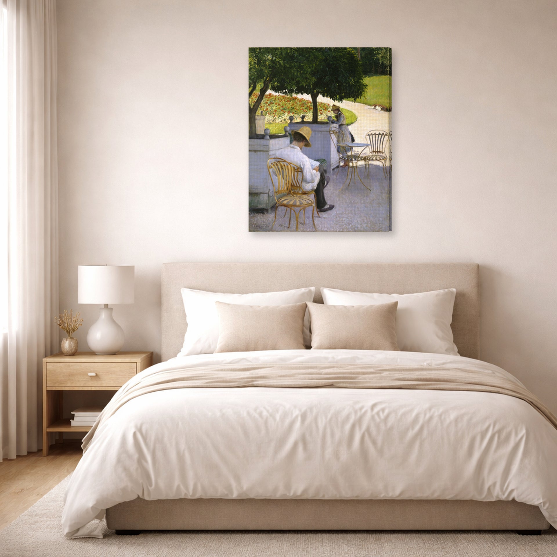 Gallery-wrapped canvas print of Gustave Caillebotte's Les orangers displayed on a wall in a bedroom