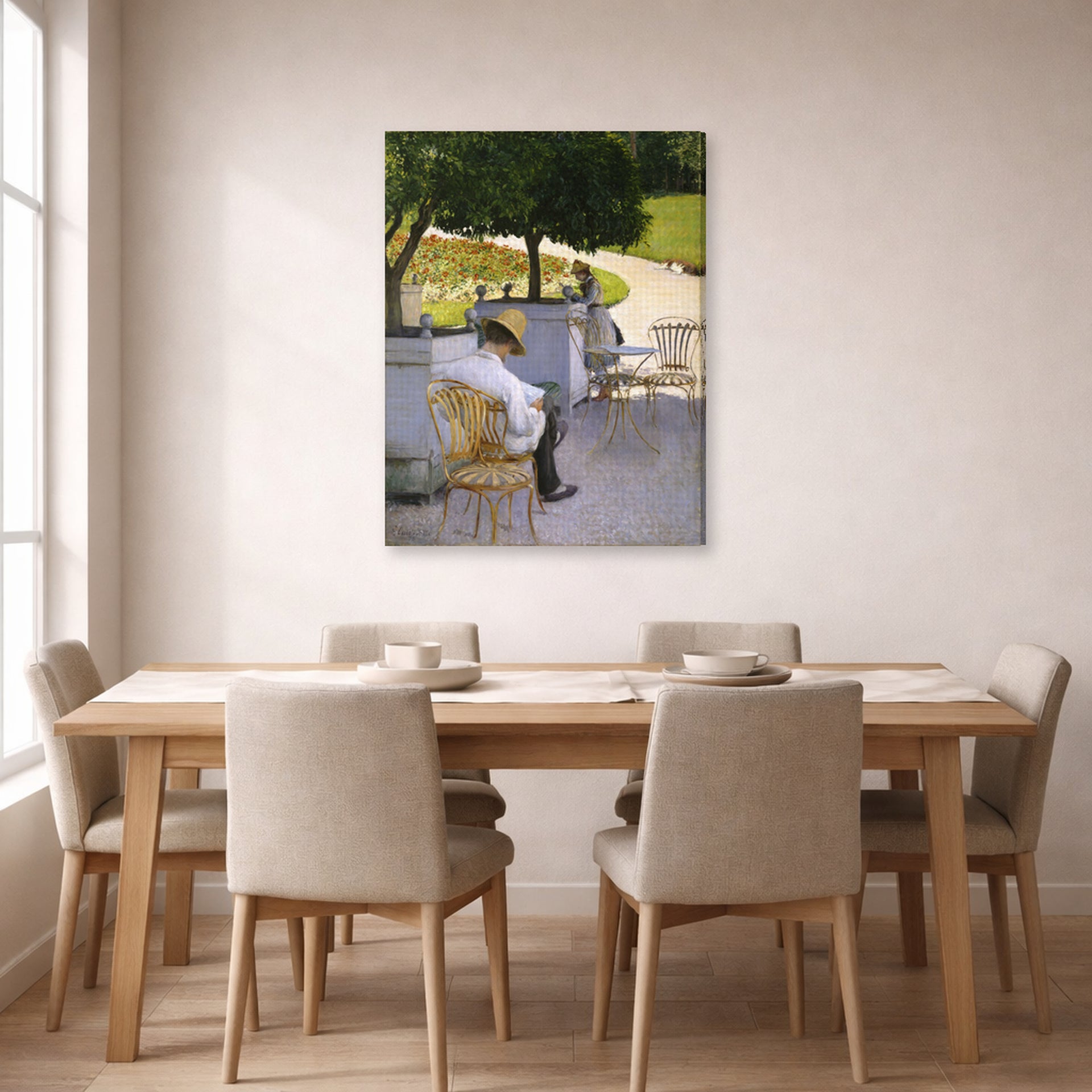Gallery-wrapped canvas print of Gustave Caillebotte's Les orangers displayed on a wall in a dining