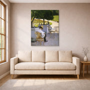 Gallery-wrapped canvas print of Gustave Caillebotte's Les orangers displayed on a wall in a living room