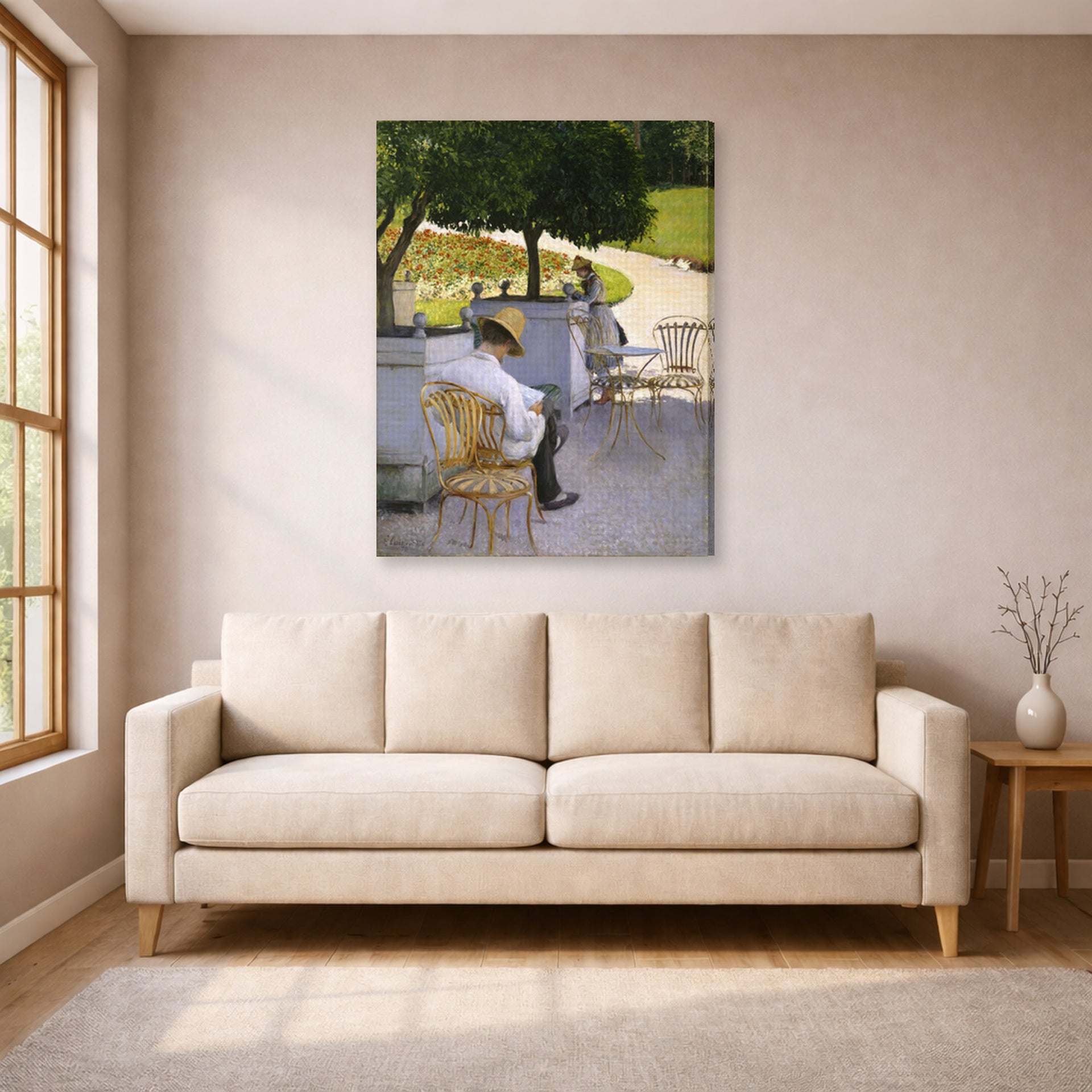 Gallery-wrapped canvas print of Gustave Caillebotte's Les orangers displayed on a wall in a living room
