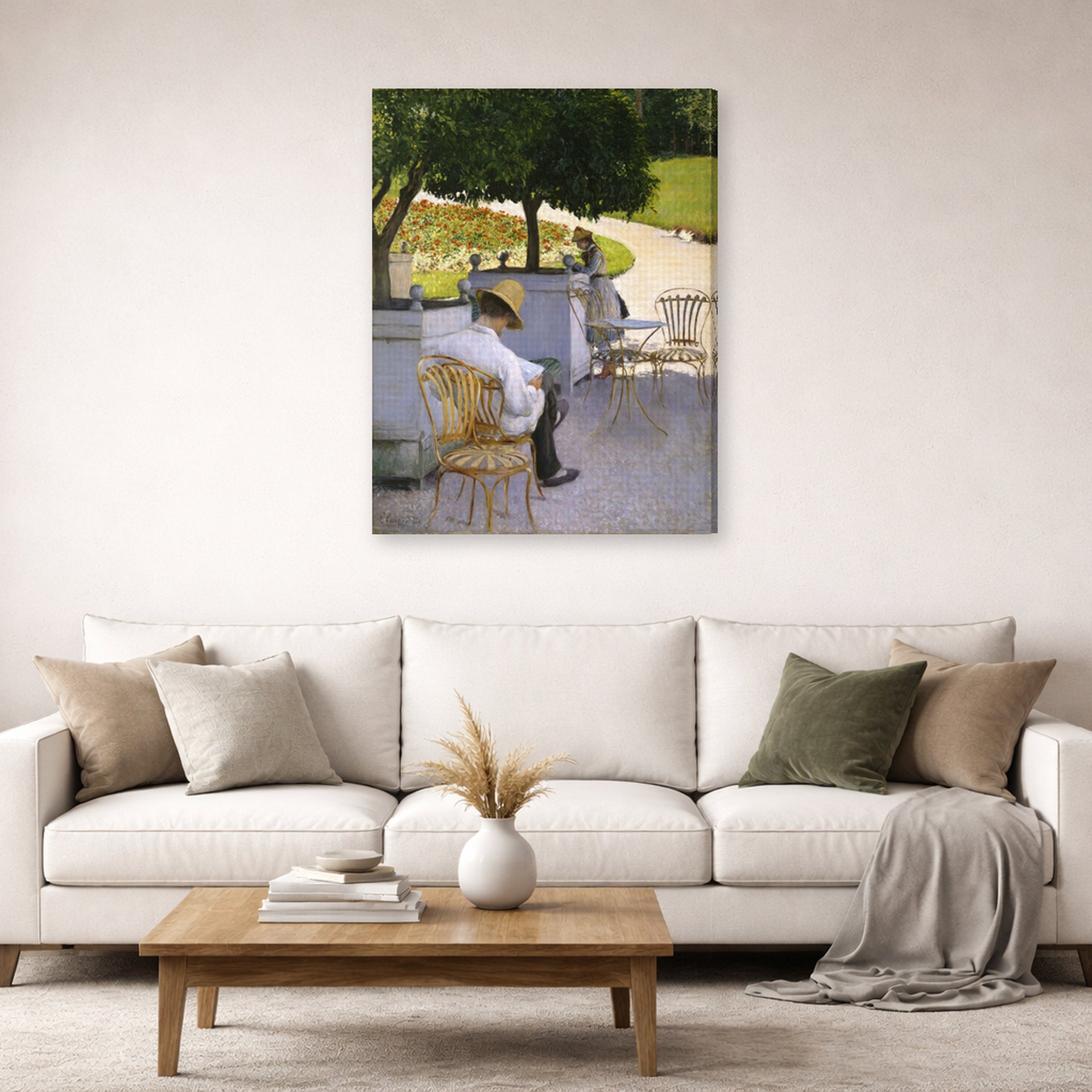 Gallery-wrapped canvas print of Gustave Caillebotte's Les orangers displayed on a wall in a living room