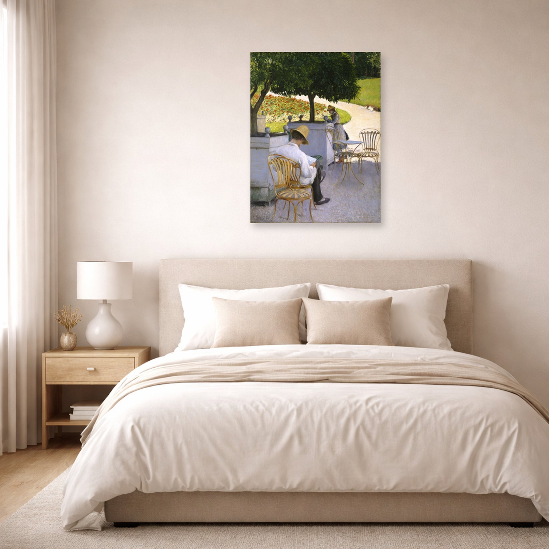 Unframed poster print of Gustave Caillebotte's Les orangers displayed on a wall in a bedroom