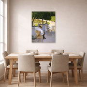 Unframed poster print of Gustave Caillebotte's Les orangers displayed on a wall in a dining