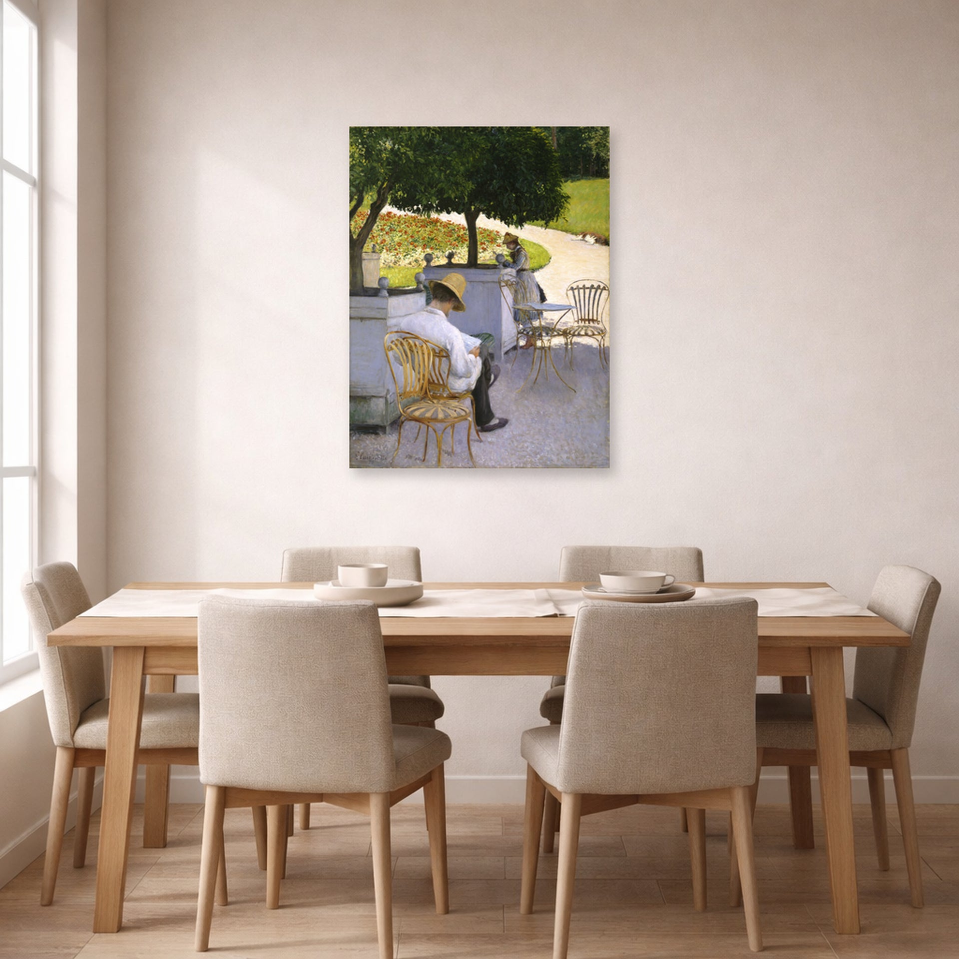 Unframed poster print of Gustave Caillebotte's Les orangers displayed on a wall in a dining