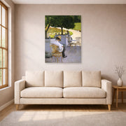 Unframed poster print of Gustave Caillebotte's Les orangers displayed on a wall in a living room