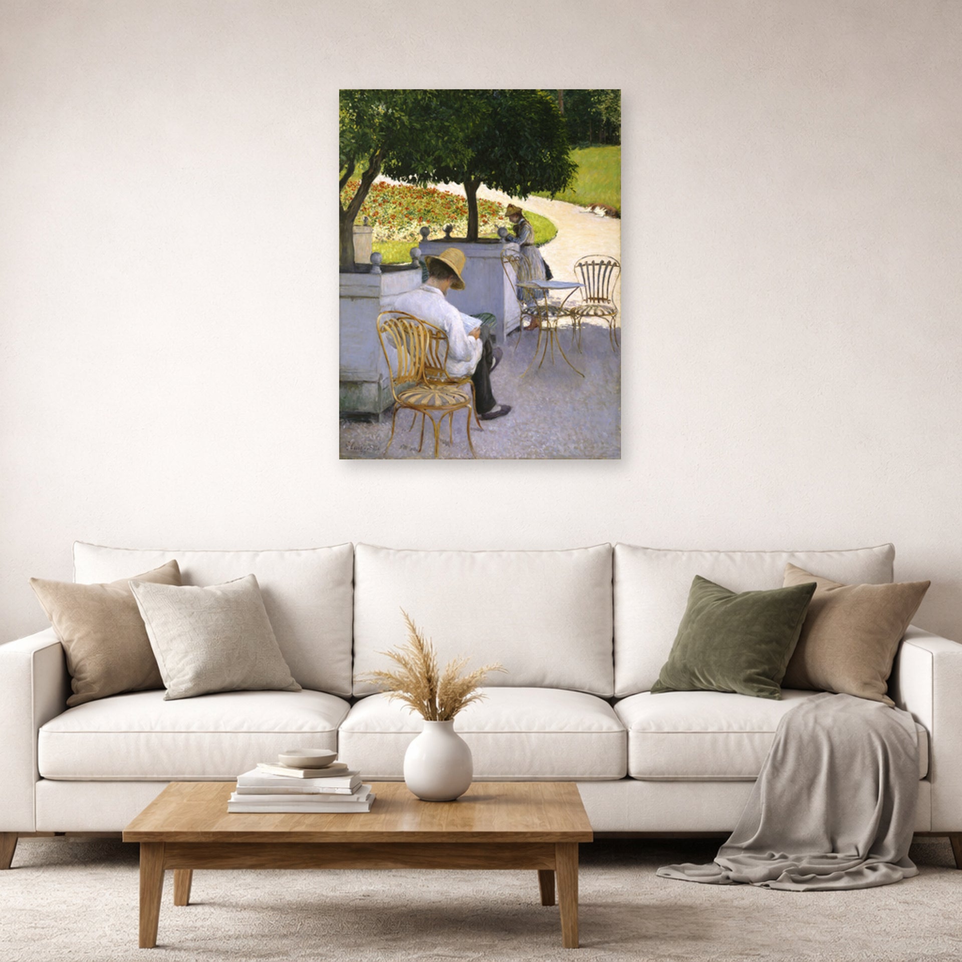 Unframed poster print of Gustave Caillebotte's Les orangers displayed on a wall in a living room