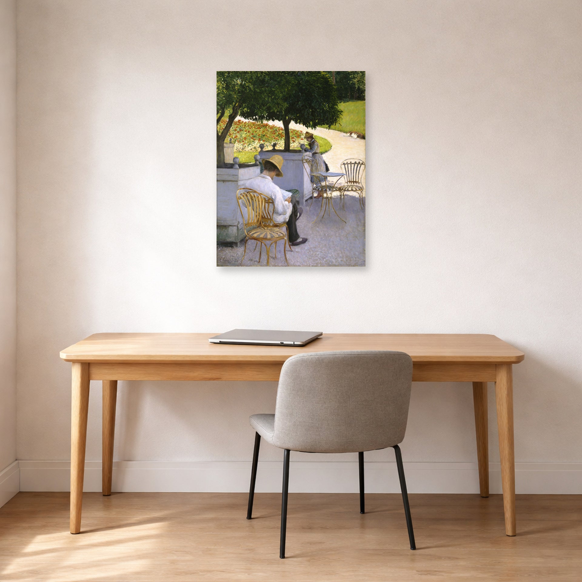 Unframed poster print of Gustave Caillebotte's Les orangers displayed on a wall in a office