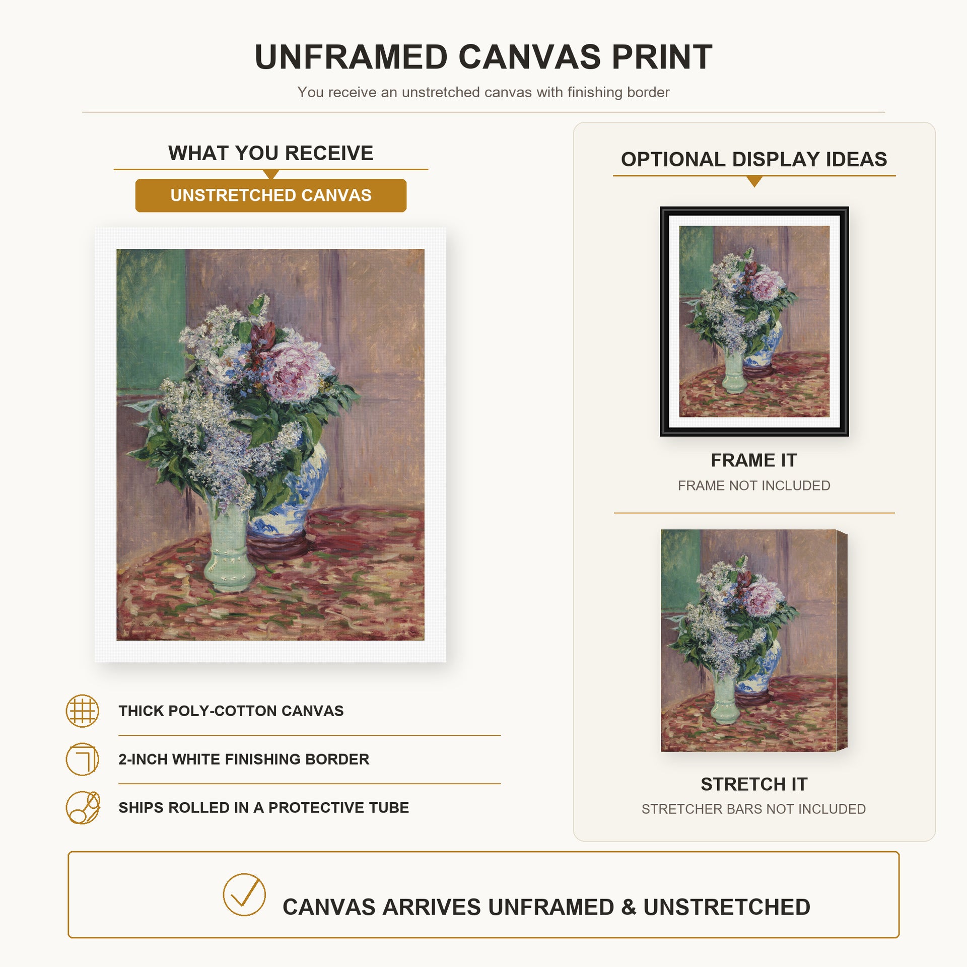 Gustave Caillebotte - Lilas Et Pivoines Dans Deux Vases canvas print size comparison and framing display infographic