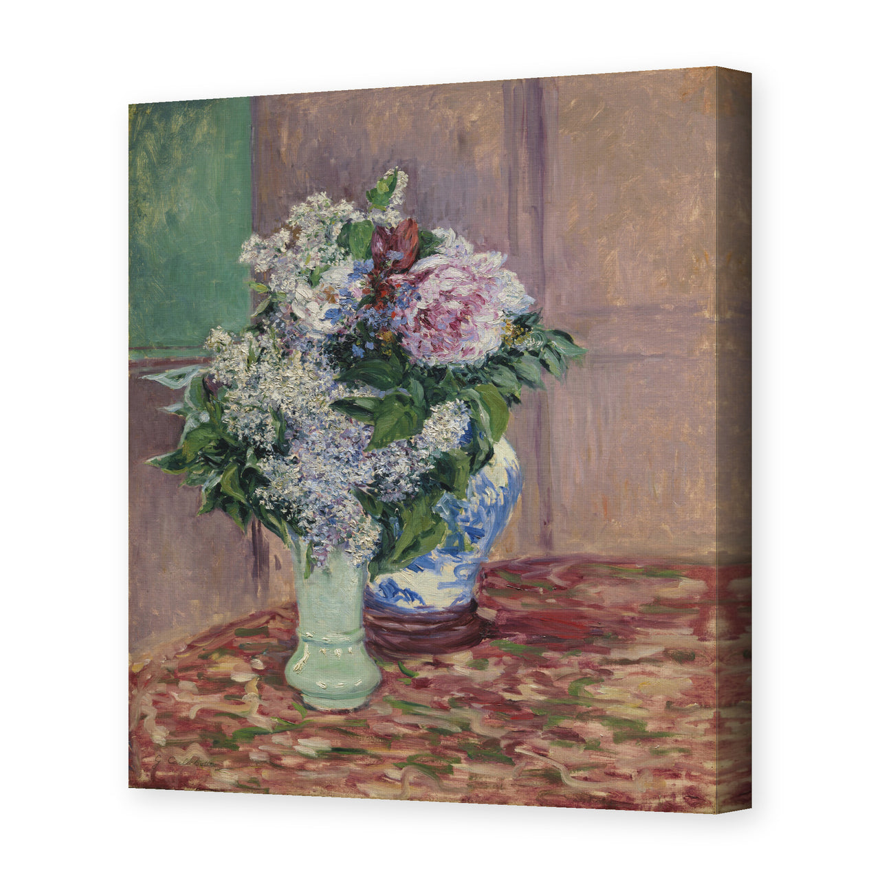 Gustave Caillebotte's 'Lilas Et Pivoines Dans Deux Vases' painting reproduced as a gallery-wrapped canvas print