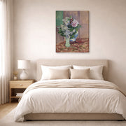 Gallery-wrapped canvas print of Gustave Caillebotte's Lilas Et Pivoines Dans Deux Vases displayed on a wall in a bedroom