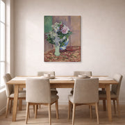 Gallery-wrapped canvas print of Gustave Caillebotte's Lilas Et Pivoines Dans Deux Vases displayed on a wall in a dining