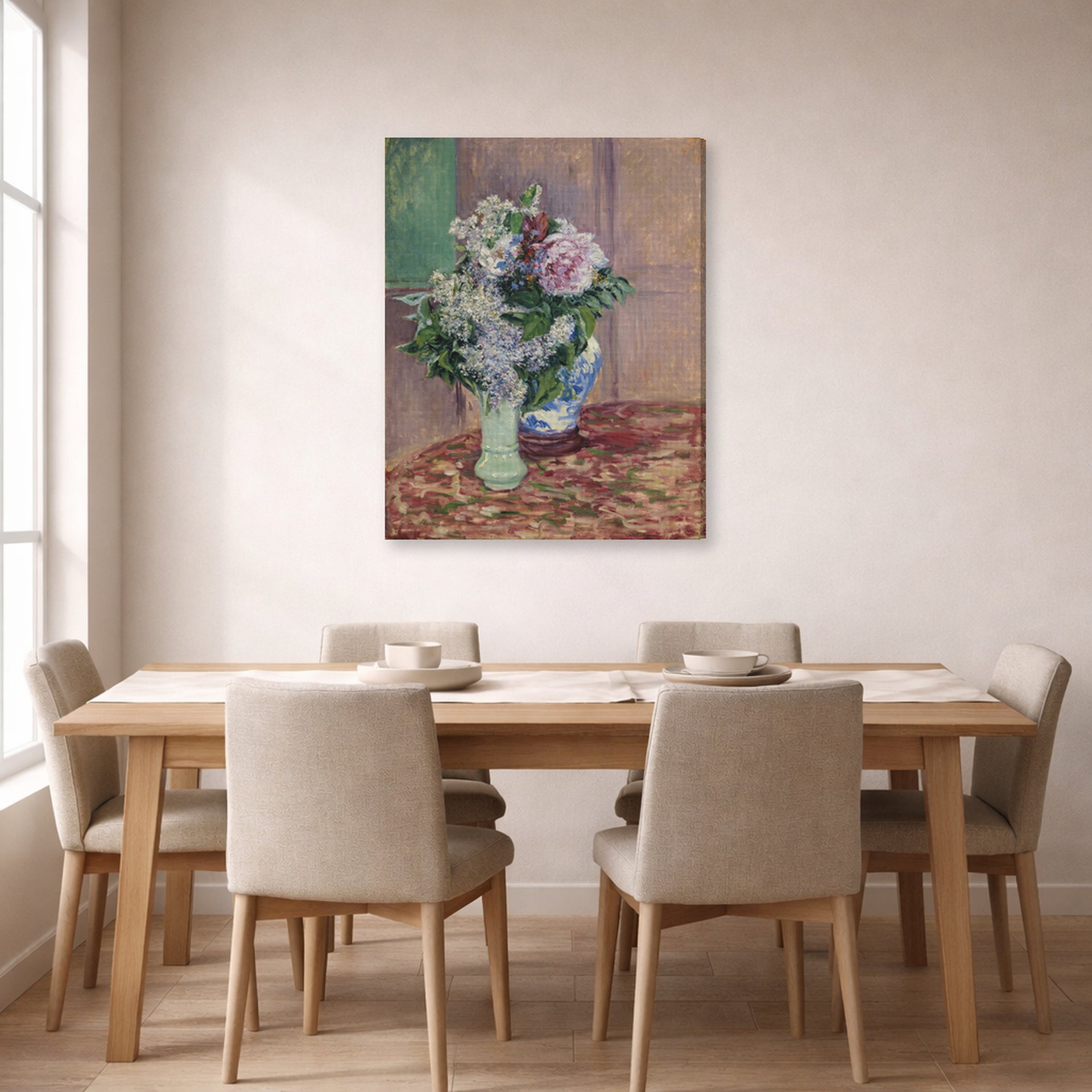 Gallery-wrapped canvas print of Gustave Caillebotte's Lilas Et Pivoines Dans Deux Vases displayed on a wall in a dining