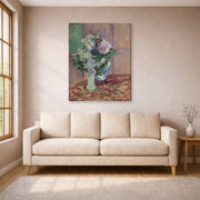 Gallery-wrapped canvas print of Gustave Caillebotte's Lilas Et Pivoines Dans Deux Vases displayed on a wall in a living room