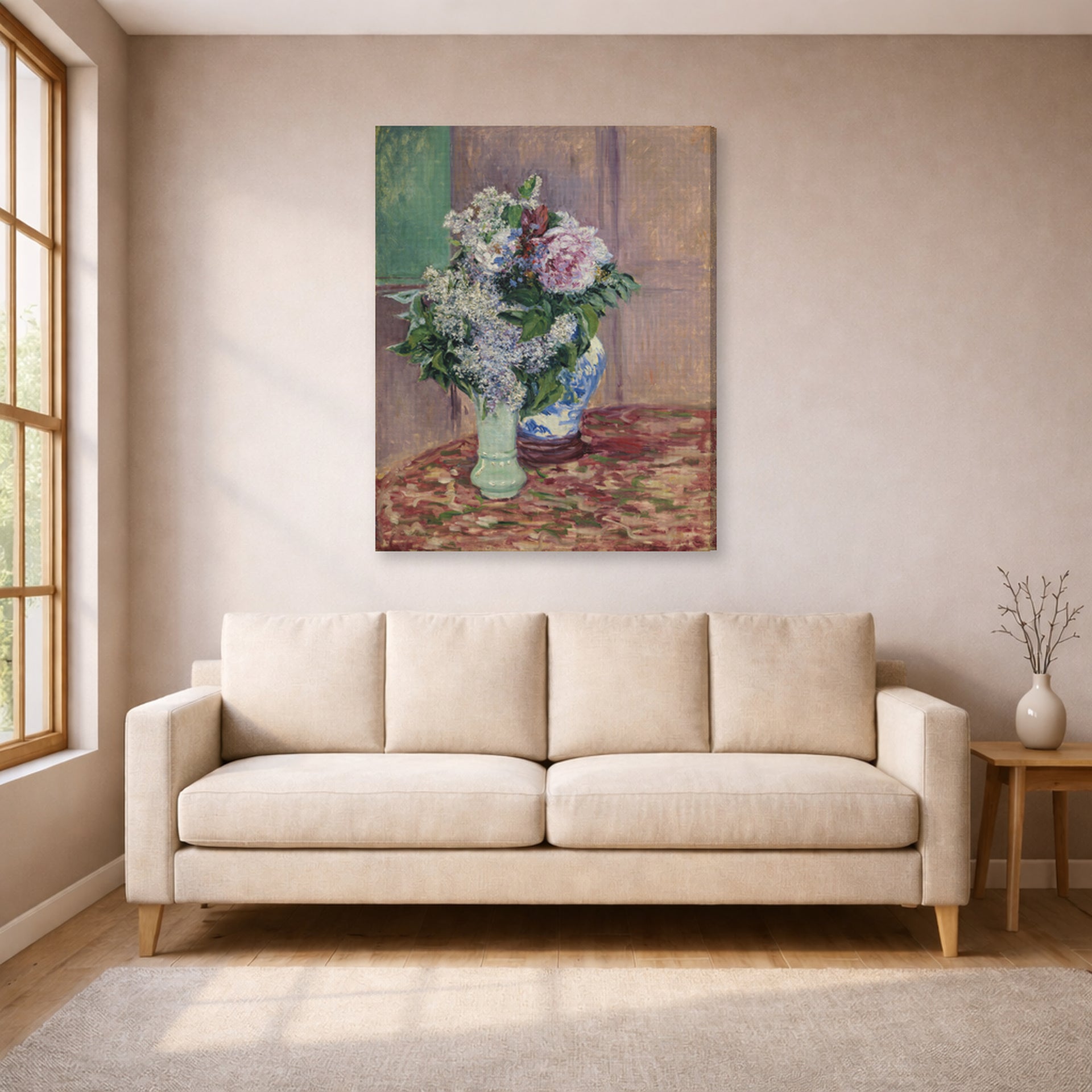 Gallery-wrapped canvas print of Gustave Caillebotte's Lilas Et Pivoines Dans Deux Vases displayed on a wall in a living room