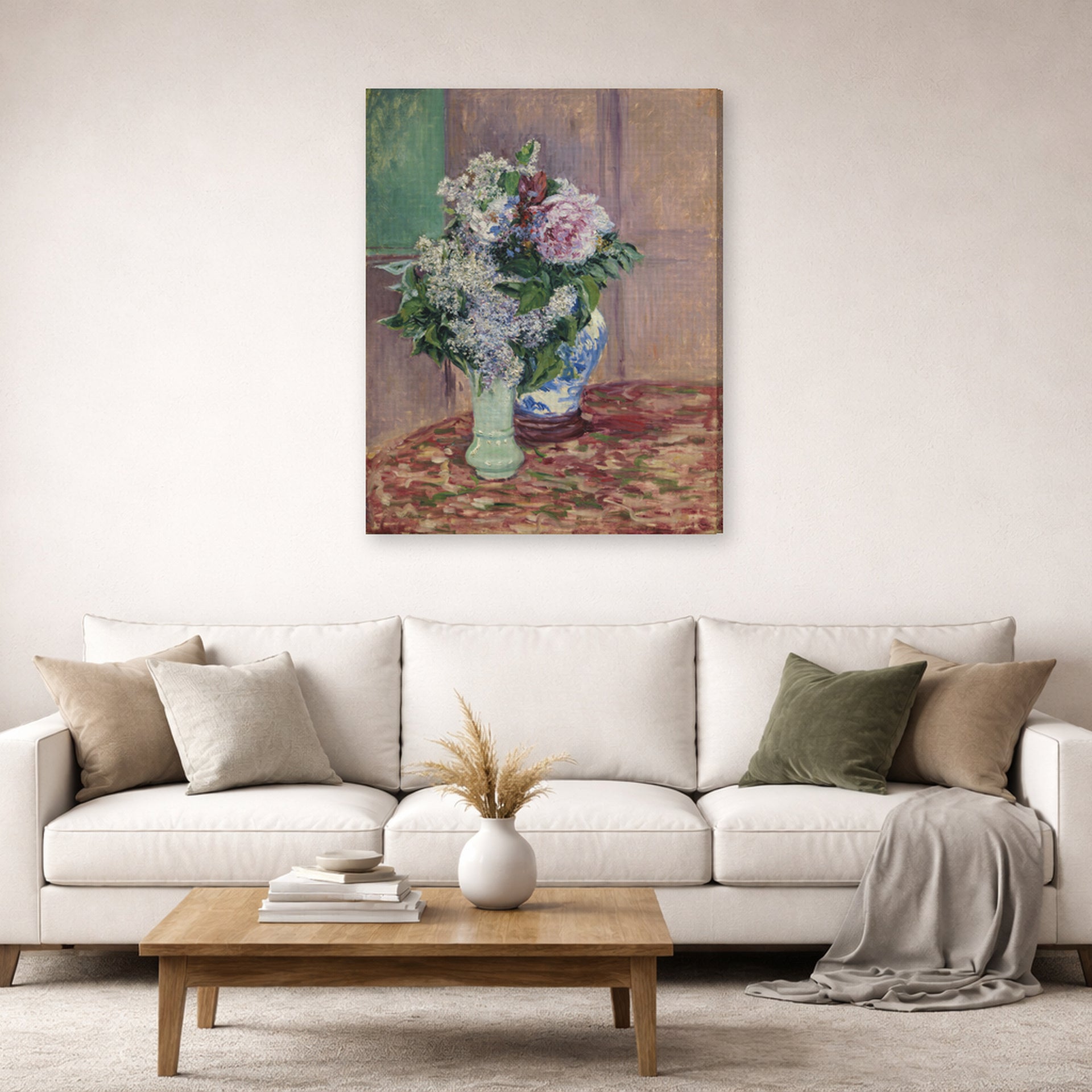 Gallery-wrapped canvas print of Gustave Caillebotte's Lilas Et Pivoines Dans Deux Vases displayed on a wall in a living room