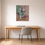 Gallery-wrapped canvas print of Gustave Caillebotte's Lilas Et Pivoines Dans Deux Vases displayed on a wall in a office