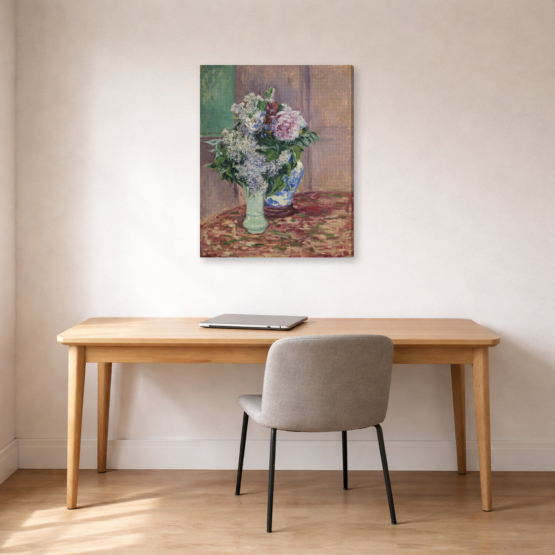 Gallery-wrapped canvas print of Gustave Caillebotte's Lilas Et Pivoines Dans Deux Vases displayed on a wall in a office