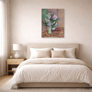 Unframed poster print of Gustave Caillebotte's Lilas Et Pivoines Dans Deux Vases displayed on a wall in a bedroom
