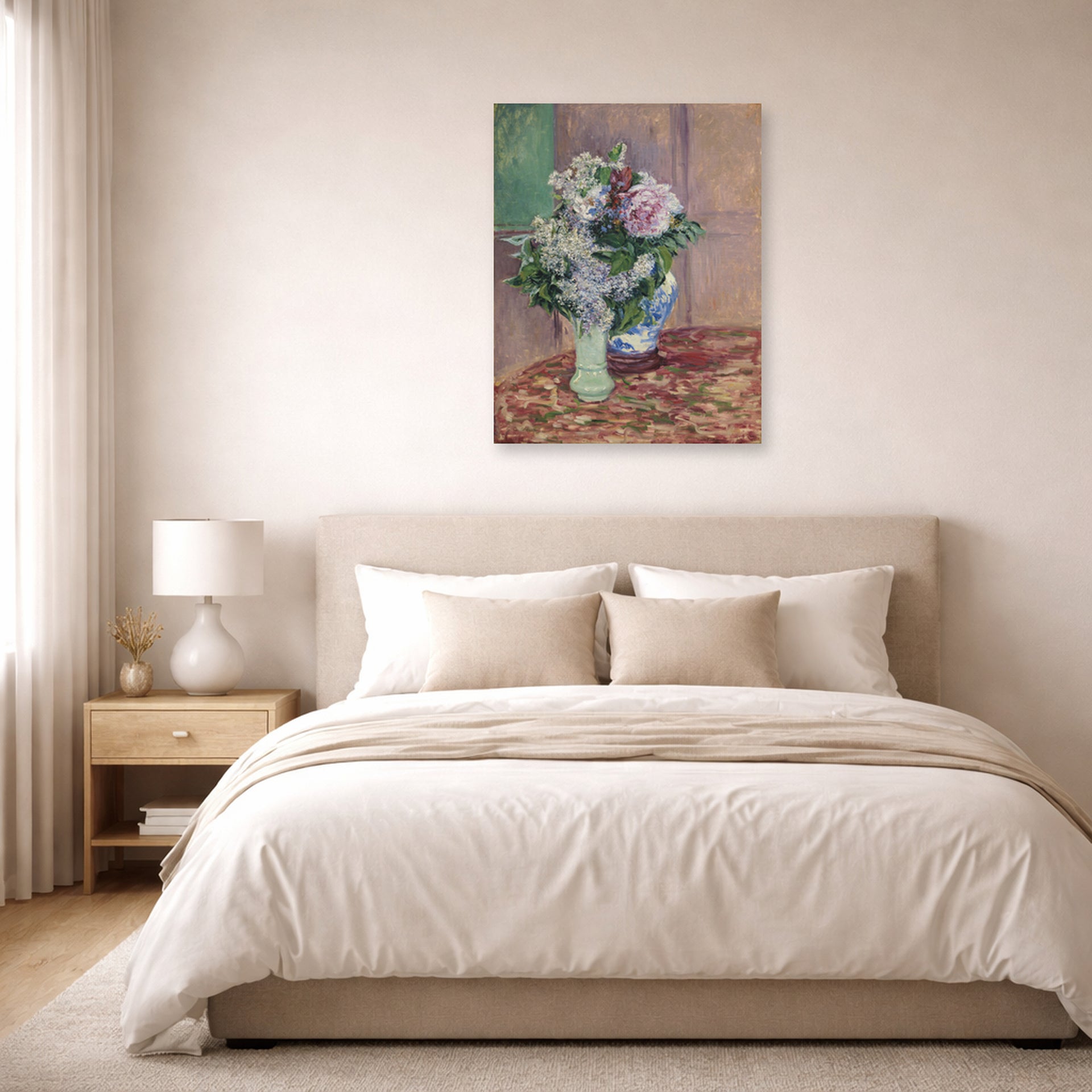 Unframed poster print of Gustave Caillebotte's Lilas Et Pivoines Dans Deux Vases displayed on a wall in a bedroom