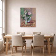 Unframed poster print of Gustave Caillebotte's Lilas Et Pivoines Dans Deux Vases displayed on a wall in a dining