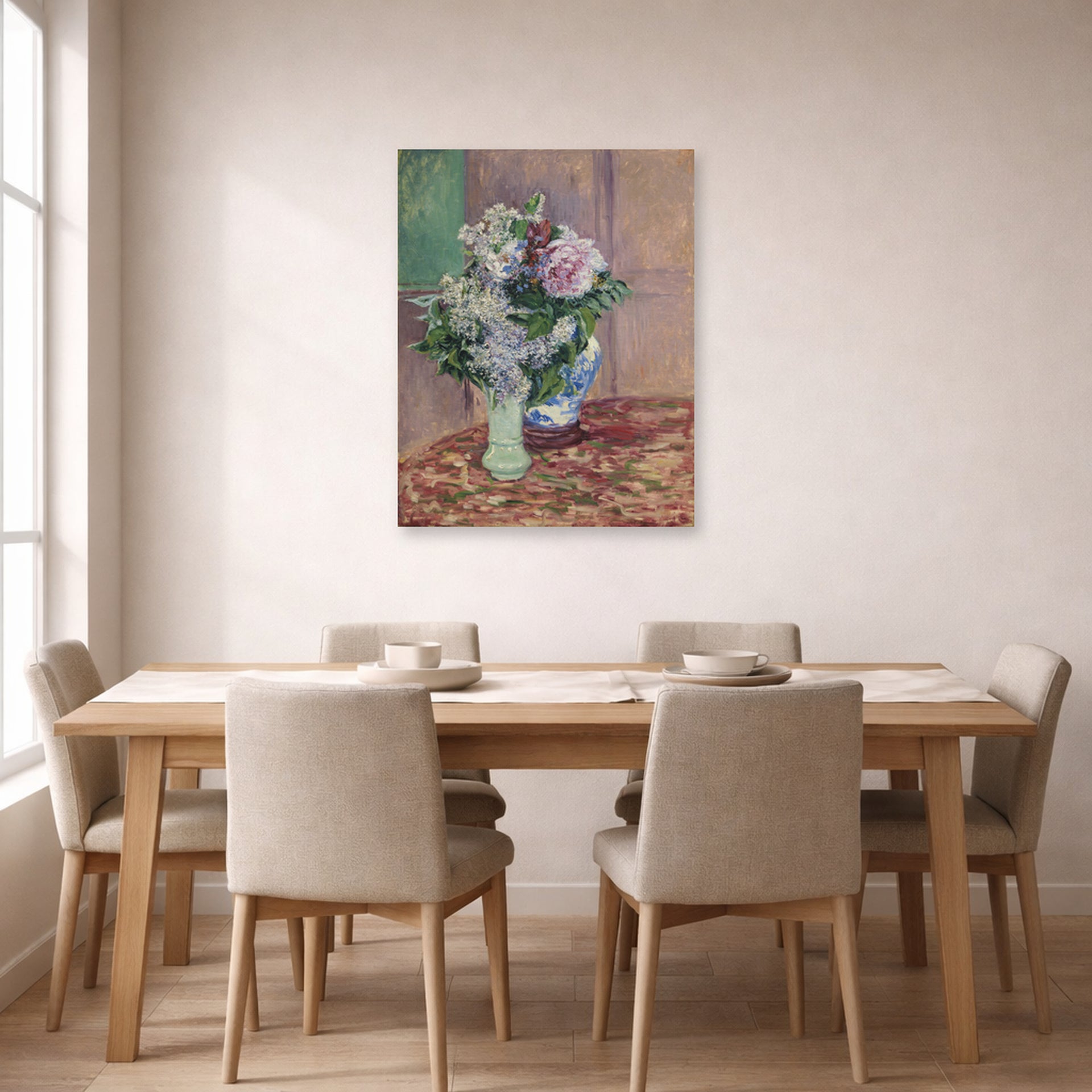 Unframed poster print of Gustave Caillebotte's Lilas Et Pivoines Dans Deux Vases displayed on a wall in a dining