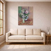 Unframed poster print of Gustave Caillebotte's Lilas Et Pivoines Dans Deux Vases displayed on a wall in a living room