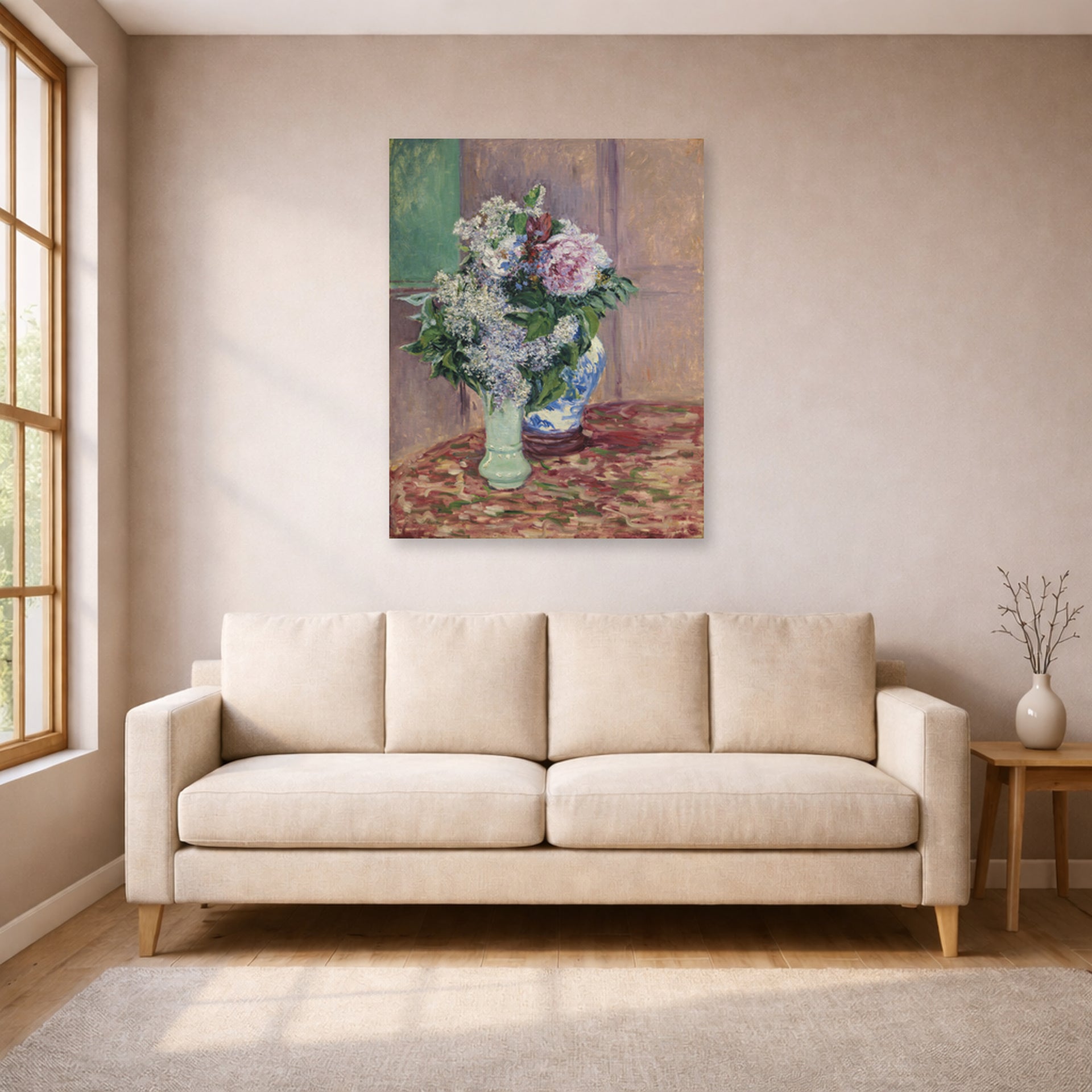 Unframed poster print of Gustave Caillebotte's Lilas Et Pivoines Dans Deux Vases displayed on a wall in a living room