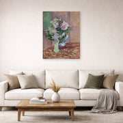 Unframed poster print of Gustave Caillebotte's Lilas Et Pivoines Dans Deux Vases displayed on a wall in a living room