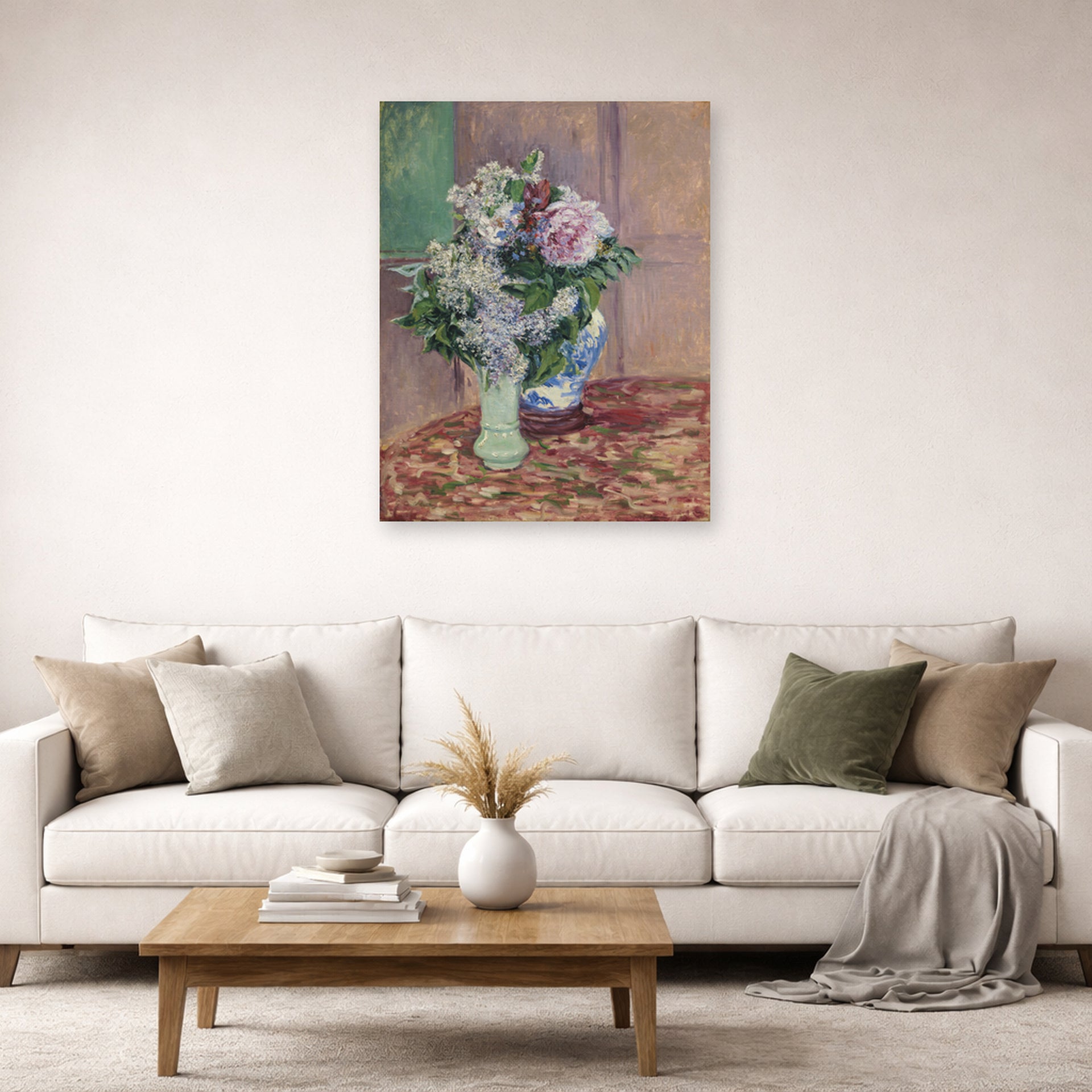 Unframed poster print of Gustave Caillebotte's Lilas Et Pivoines Dans Deux Vases displayed on a wall in a living room