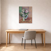 Unframed poster print of Gustave Caillebotte's Lilas Et Pivoines Dans Deux Vases displayed on a wall in a office