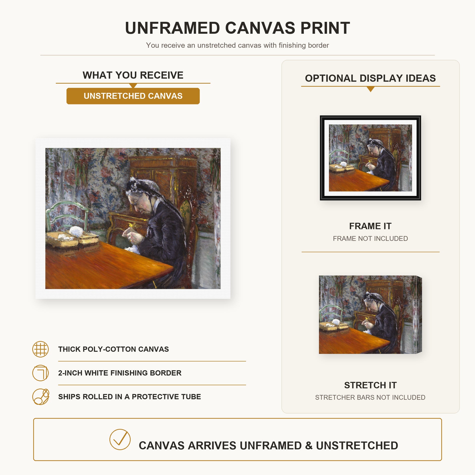 Gustave Caillebotte - Mademoiselle Boissière Knitting canvas print size comparison and framing display infographic