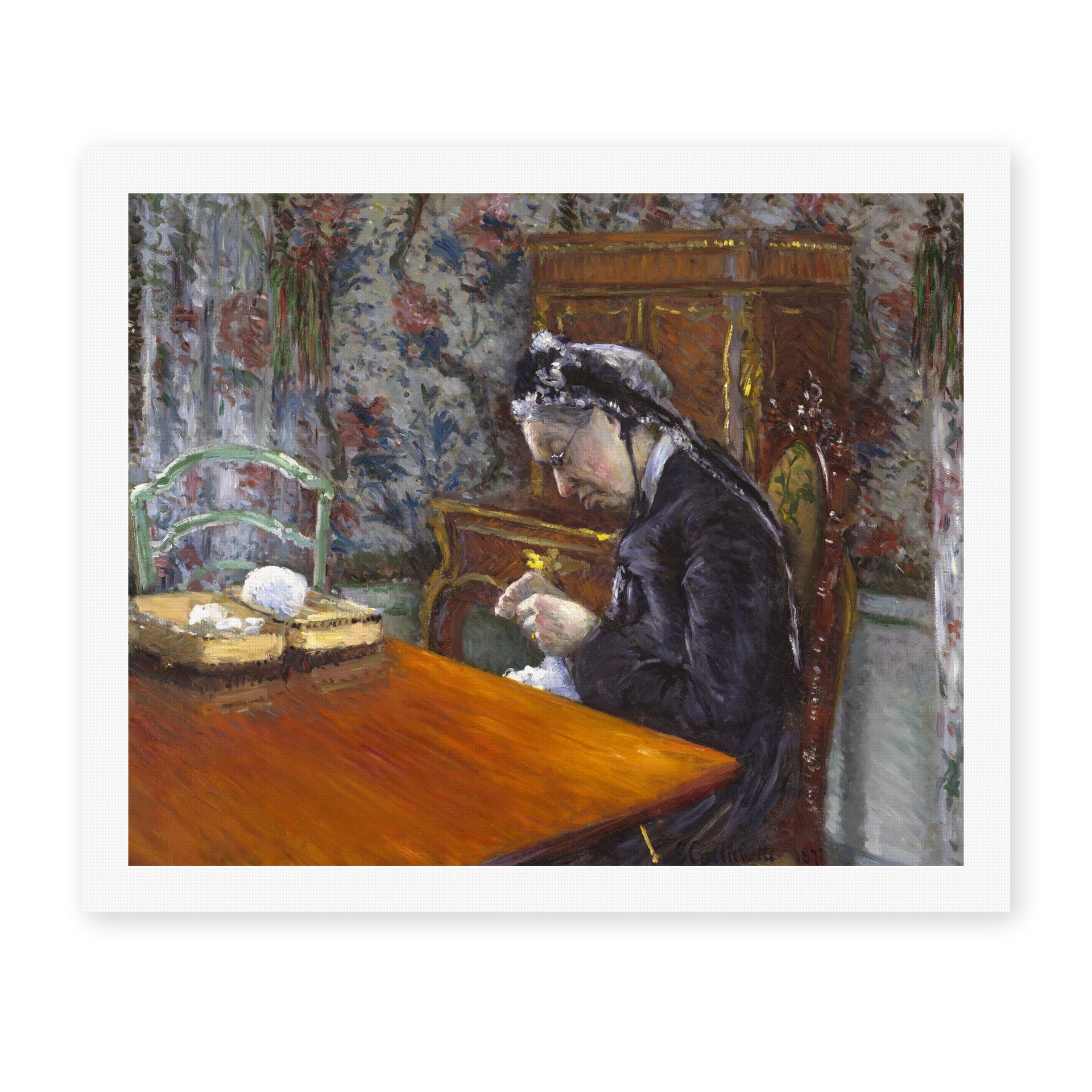 Gustave Caillebotte's 'Mademoiselle Boissière Knitting' painting reproduced as a rolled canvas print