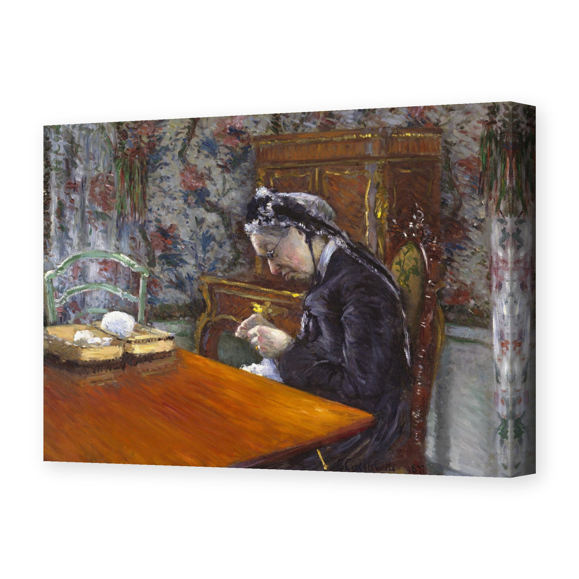 Gustave Caillebotte's 'Mademoiselle Boissière Knitting' painting reproduced as a gallery-wrapped canvas print