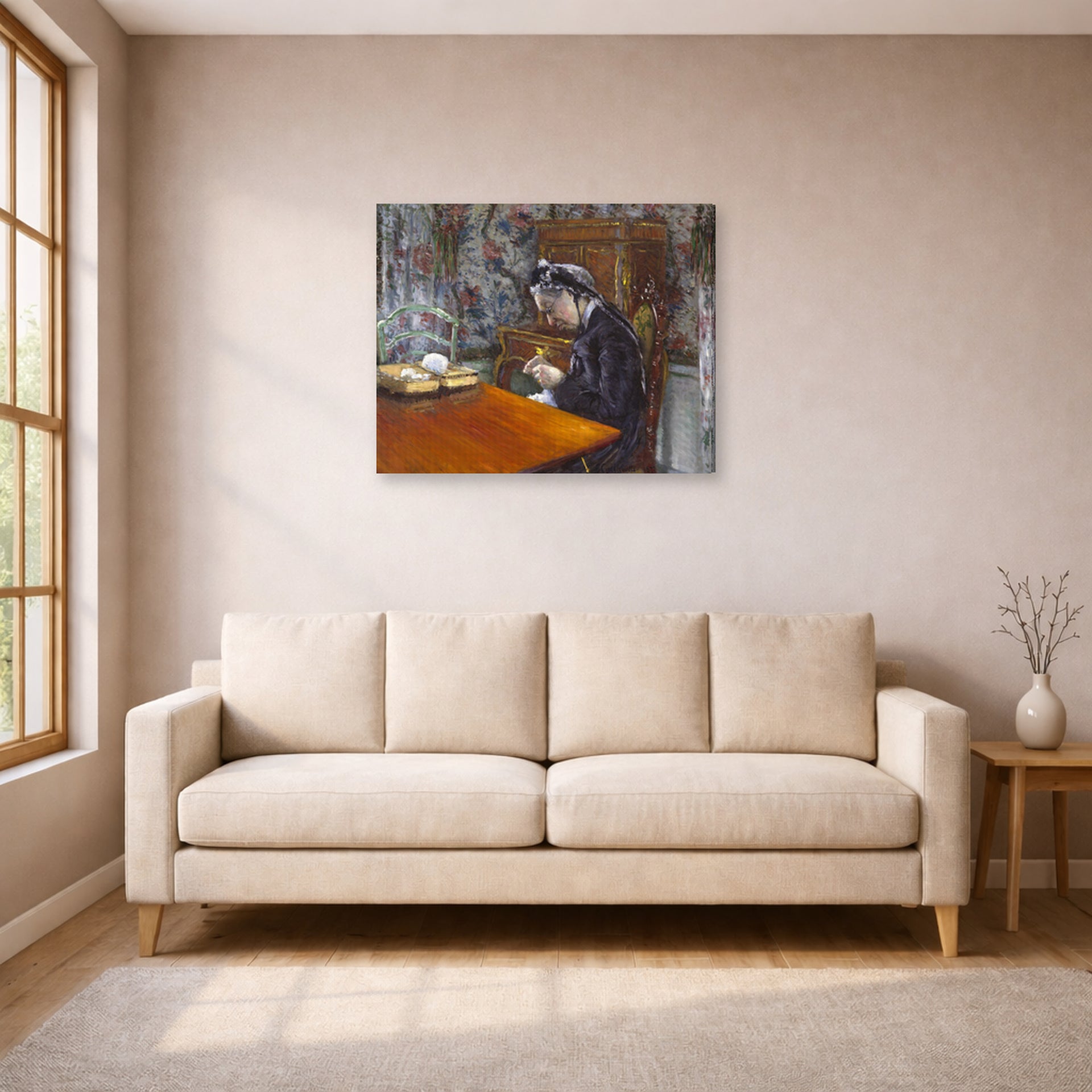 Gallery-wrapped canvas print of Gustave Caillebotte's Mademoiselle Boissière Knitting displayed on a wall in a living room