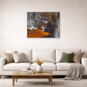 Gallery-wrapped canvas print of Gustave Caillebotte's Mademoiselle Boissière Knitting displayed on a wall in a living room