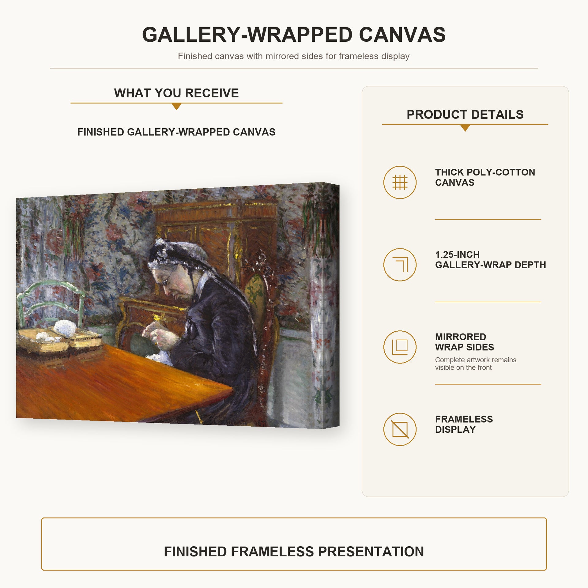 Gustave Caillebotte - Mademoiselle Boissière Knitting gallery wrap canvas construction and hanging details infographic