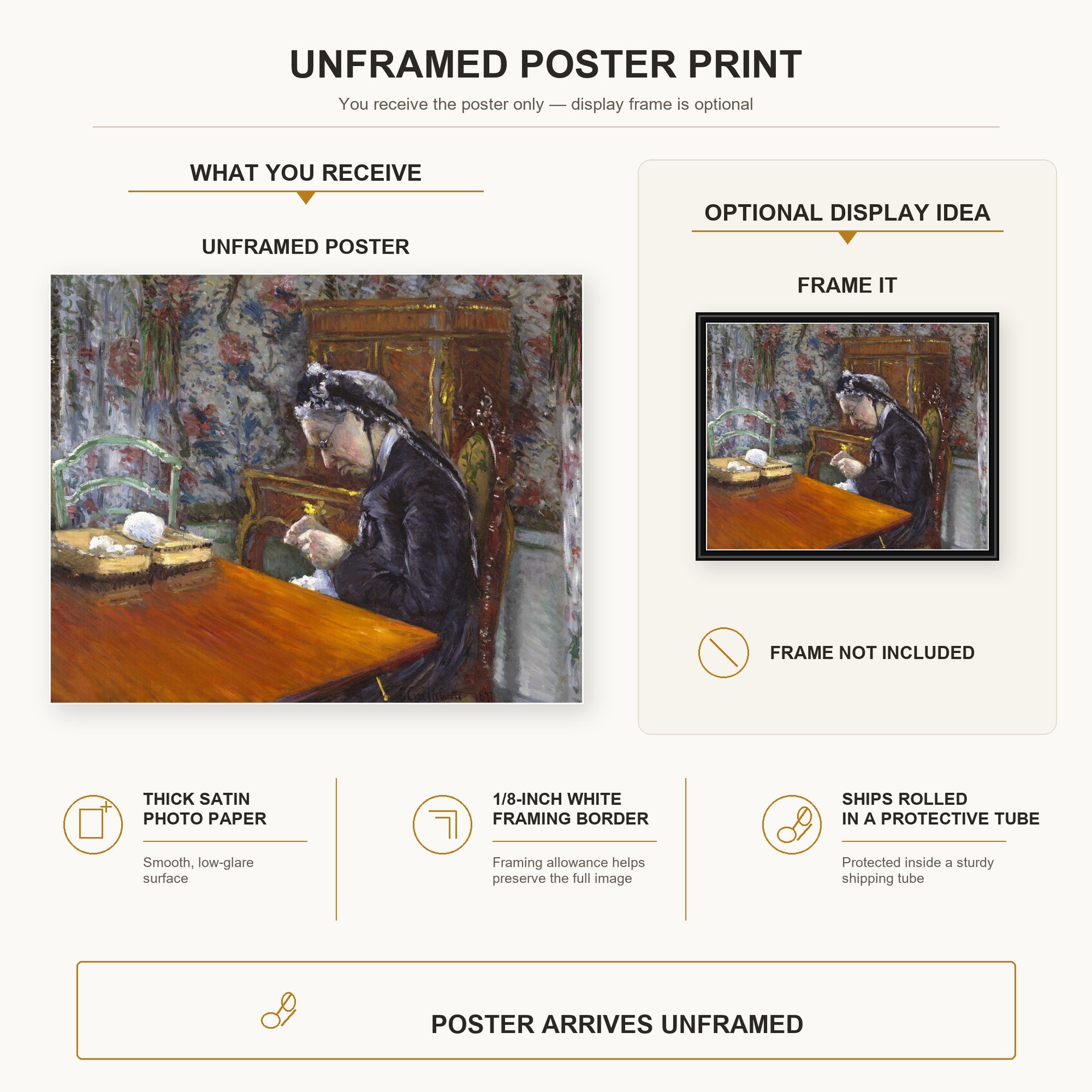 Gustave Caillebotte - Mademoiselle Boissière Knitting poster print size comparison and framing display infographic