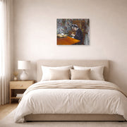 Unframed poster print of Gustave Caillebotte's Mademoiselle Boissière Knitting displayed on a wall in a bedroom